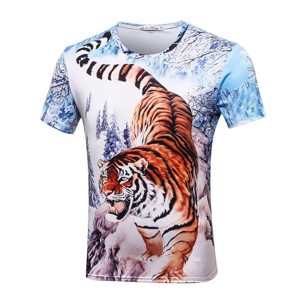 

spring and summer round neck short sleeve men's t-shirt 3d tiger print, White;black