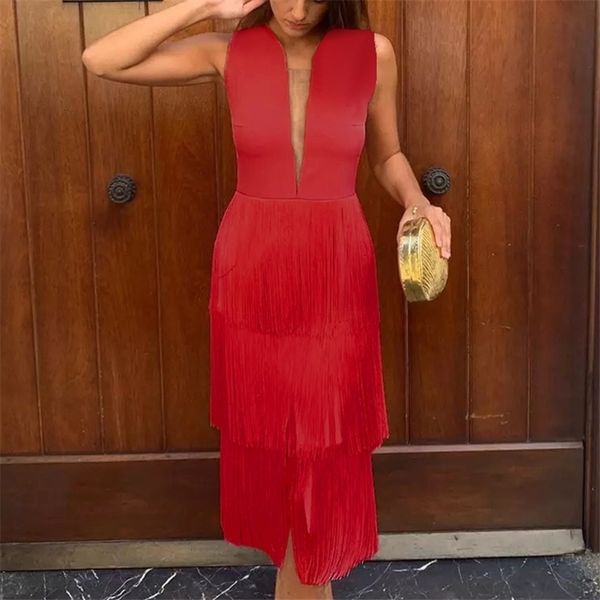 

2021 deep v neck women midi es tassels sleeveless fringe elastic patchwork with zipper female date out fashion summer new 2hya, Black;gray