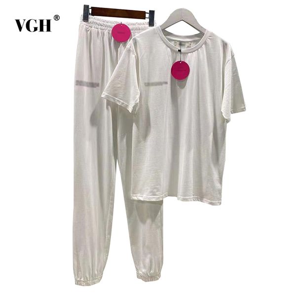 

vgh casual minimalist set for women o neck short sleeve t shirt high waist sport pants loose sets female fashion new clothing 210421, White