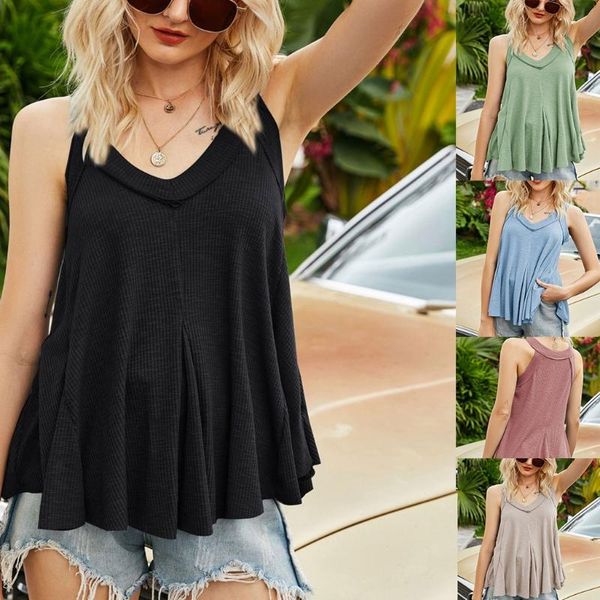 

women's tanks & camis women sleeveless halter tank solid color ribbed camisole flared swing vest, White