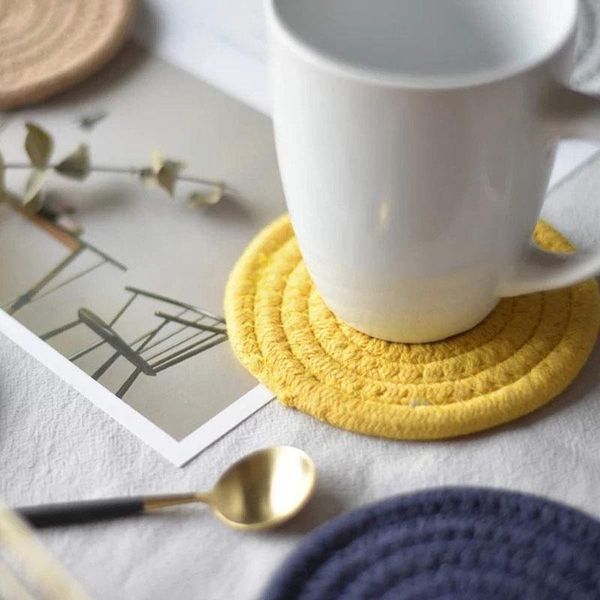 

table runner 6 piece cotton woven round beverage pad set absorbent anti-wrinkle drink