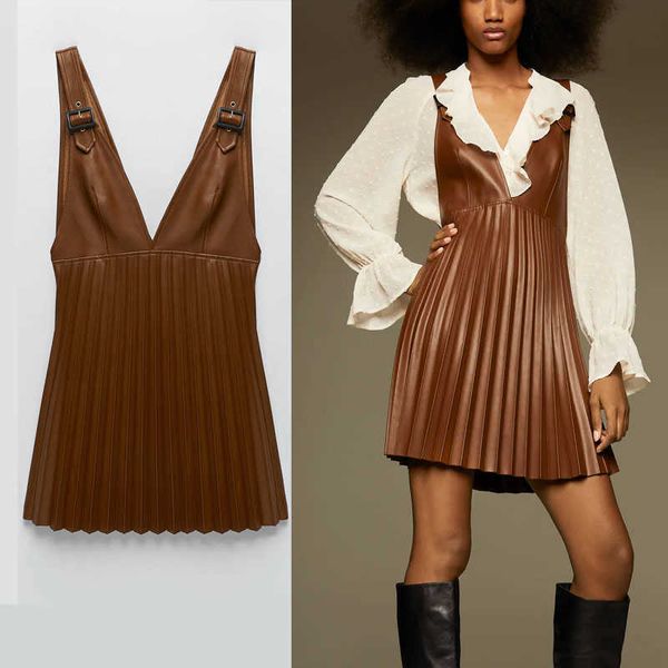 

za pu leather pleated pinafore dress women v neck adjustable wide straps vintage short dresses chic leatherette vestido 210602, Black;gray