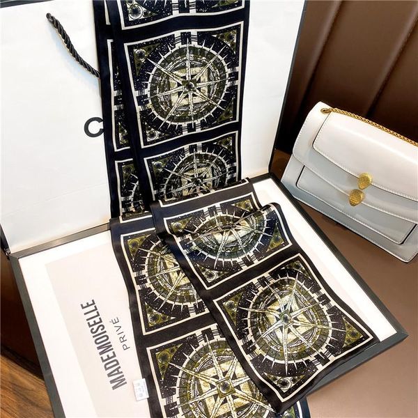 

scarves 150*15cm soft real silk scarf women compass print long double-layer narrow streamer hair band, Blue;gray