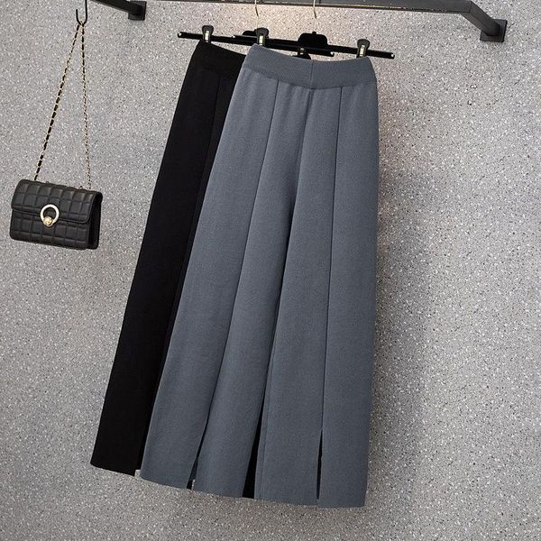 

women's pants & capris autumn winter large size wide leg knit trouser high waist korean loose front slit thick cropped straight m1093, Black;white