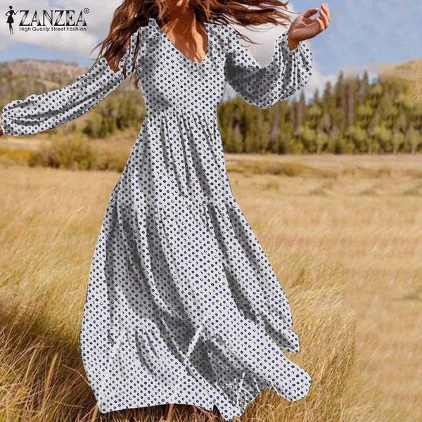 

womens fashion puff sleeves robe female elegant long maxi dress zanzea polka dot print vestidos bohemian v neck ruffle dresses casual, Black;gray