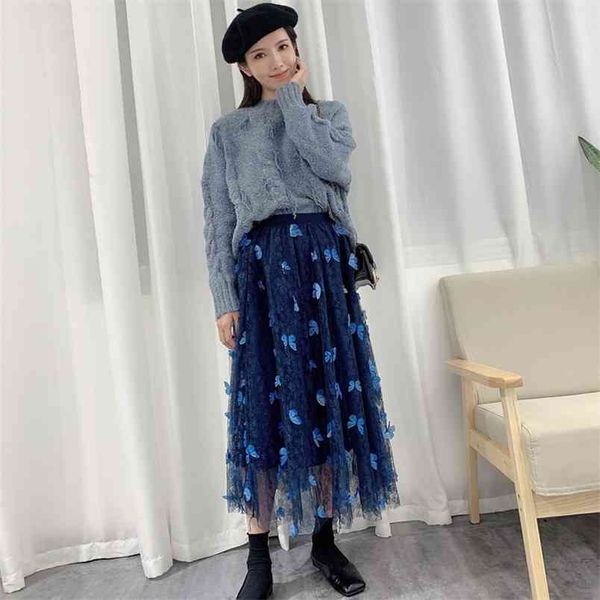 

autumn & winter arrival high waist mesh simple blue women a-line skirt casual elastic long 210527, Black