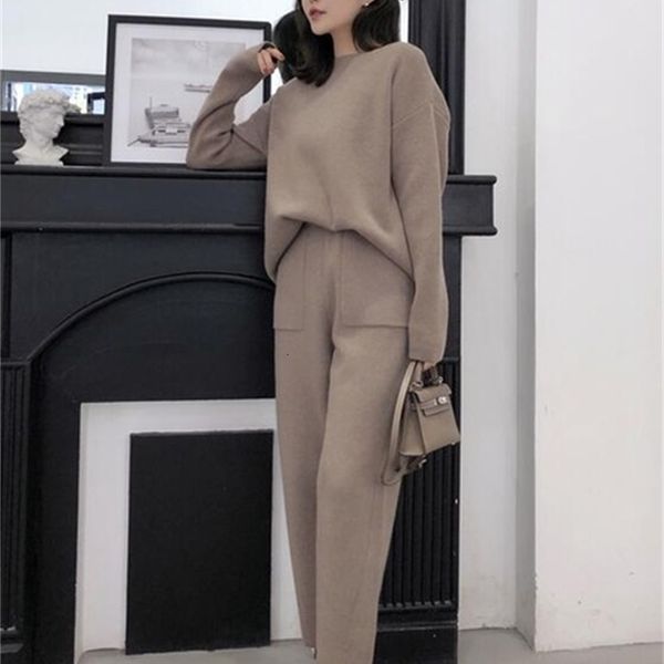 

women's two piece pants women cashmere sweater knitted sets slim tracksuit spring autumn fashion sweatshirts sporting suit female, White