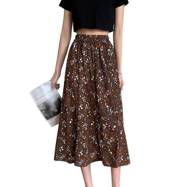 

summer women's small fresh floral print high waist sweet leisure chiffon midi skirt female skirts, Black
