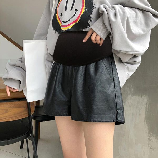 

maternity bottoms 1135# autumn winter black pu shorts elastic waist belly wide leg loose bootcuts clothes for pregnant women pregnancy, White