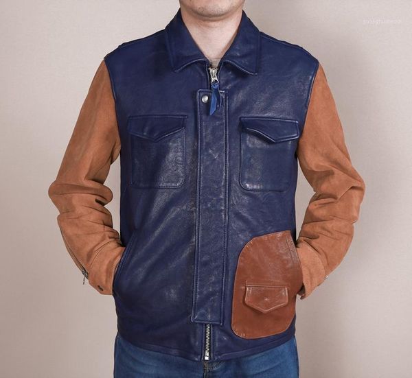 

arrivals 2021 men's patchwork genuine leather jacket contrast color fashion men suede coat male & faux, Black