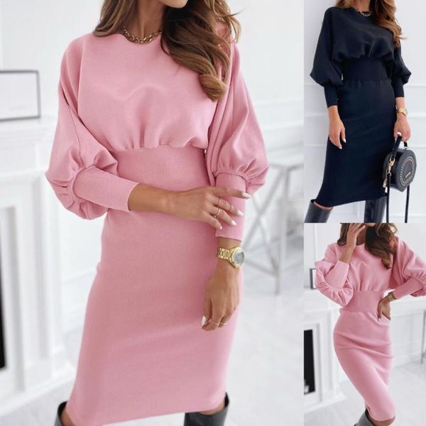 

casual dresses 2021 fashion women autumn o neck long sleeve waist tight bodycon knee-length dress, Black;gray