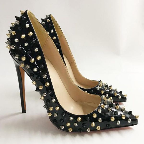

dress shoes black patent leather women's pumps heels rivet high pointed thin heel shallow single shoe nightclub pump 12cm