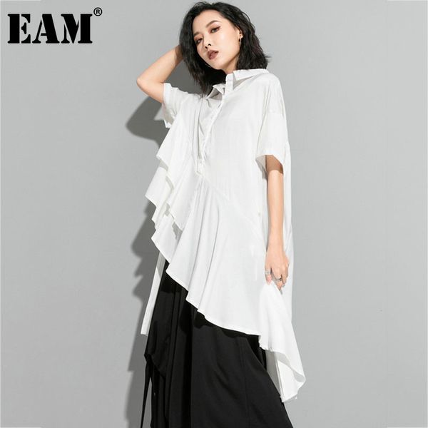 

[eam] women white big size ruffle pleated blouse lapel half sleeve loose fit shirt fashion spring summer 1dd7361 210512