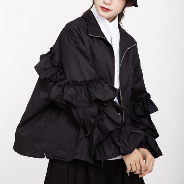 

Women's Jackets [EAM] Loose Fit Black Ruffles Stitch Big Size Jacket Lapel Long Sleeve Women Coat Fashion Tide Spring Autumn 1B894 WCXC, Black;brown