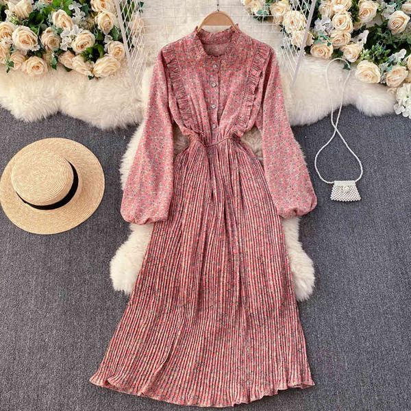 

singreiny french floral pleated dress women sweet stand collar puff sleeve button a-line dresses autumn boho print midi dress 210419, Black;gray