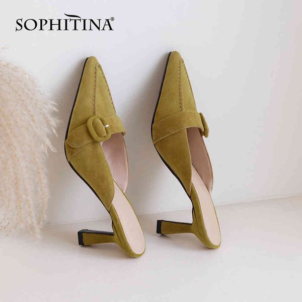 

sophitina women's heels slipper green pointed toe buckle spring summer comfort genuine leather female sandals slide shoes po630 210513, Black