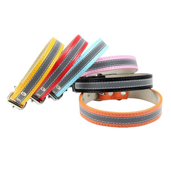 

dog collars & leashes reflective collar pu leather safety adjustable puppy neck strap for small medium large pet accessories