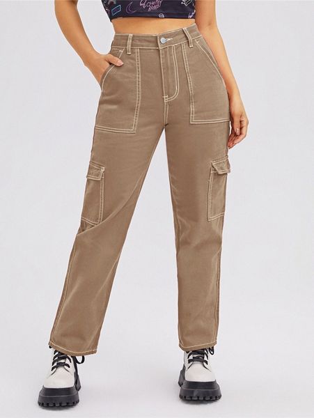 

high waist flap pocket whip stitch cargo jeans d42k#, Blue