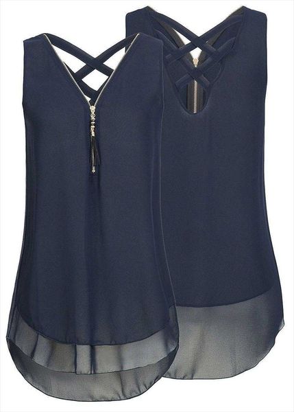 

summer sleeveless chiffon women shirts plus size casual loose bandage tank zipper v neck ns3831, White