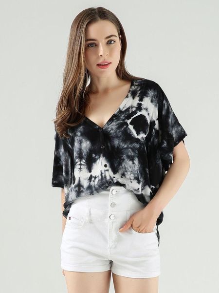 

women's t-shirt dark tie dye v-neck tee button-up ruffled flutter sleeve pullover styling, White