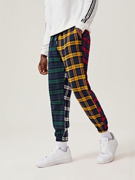 

men plaid color block drawstring pants b9la#, Black
