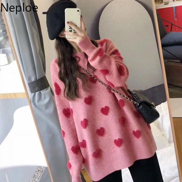 

neploe faux mink cashmere pullover sweater women long sleeve o-neck causal knitted 2021 korean love heart pull femme 4d105 women's swe, White;black