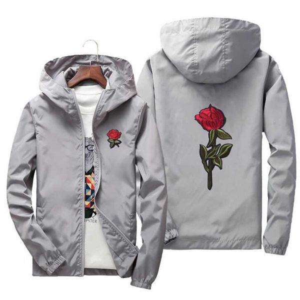 Bordado Rose Windbreaker Jaqueta Homens Grande Tamanho S-7XL Jaqueta Bombardeiro Com Capuz Jaqueta Masculina X0621