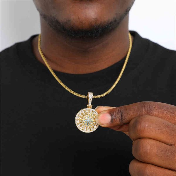 

hip hop iced out cuban zircon compass pendant necklace with rope chain, Silver