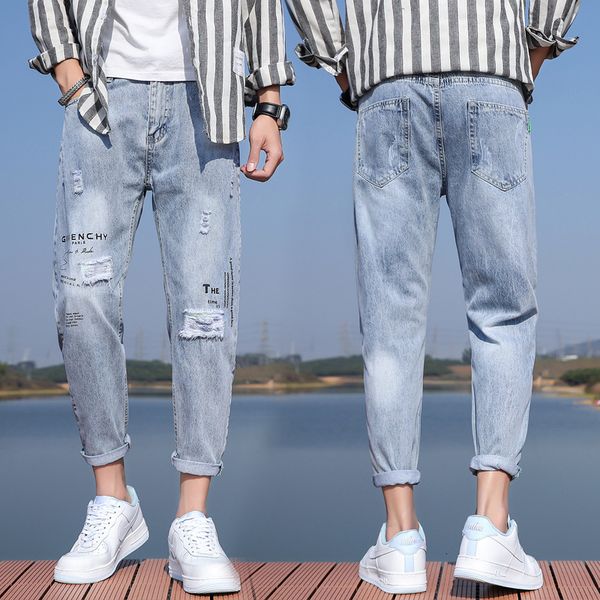 

jeans 2021 summer casual jeans korean thin cut hole trend s men's pants, Blue