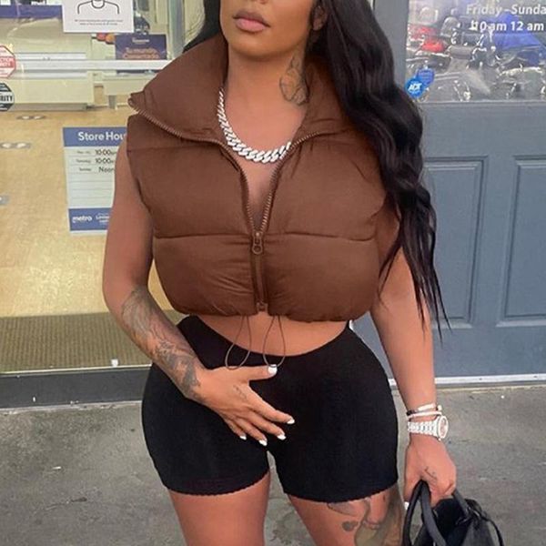

women's vests 2021 autumn women fashion brown cropped vest coat female stand collar zipper waistcoat ladies casual outerwear femme, Black;white