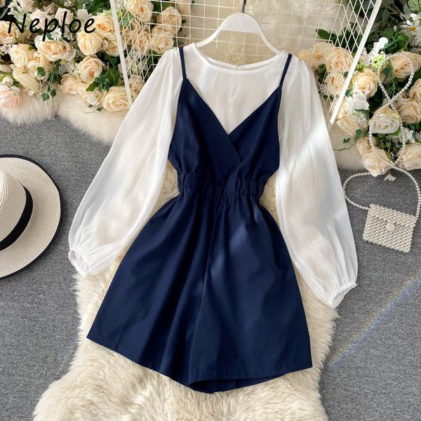 

neploe fashion two piece set women long sleeve o-neck causal chiffon + v neck stretch waist sling playsuits suits 210423, White