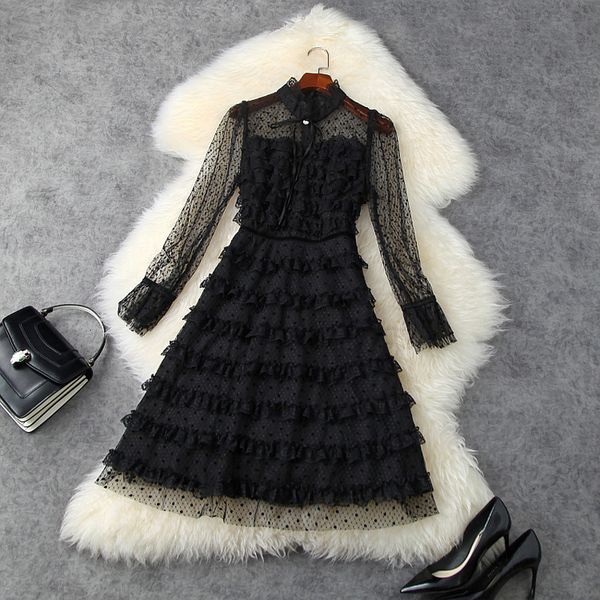 

casual dresses spring long sleeve stand collar black polka dot lace tiered ribbon tie bow knee-length dress elegant ld22t11728 hswc, Black;gray