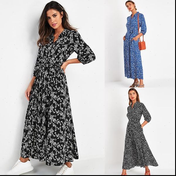 

women womens dress autumn vintage floral print maxi boho seven points sleeve long turn down casual chiffon dresses, Black;gray