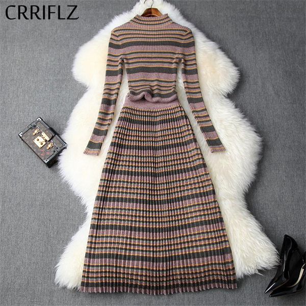 

two piece dress winter women set full sleeve turtlenck striped knit pullover retro big swing skirt 2 elegant patry, White