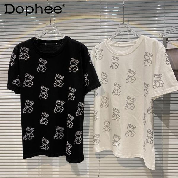 

women's t-shirt 2021 summer rhinestone bear flash round neck short sleeve loose casual t shirt women clothing plus size, White