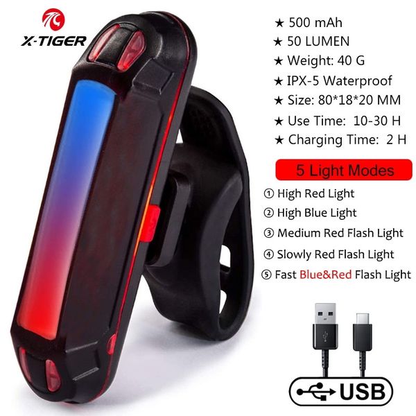 

x-tiger ipx-5 waterproof usb loadable led safety warning lamp blinking accessories bikes rear lights