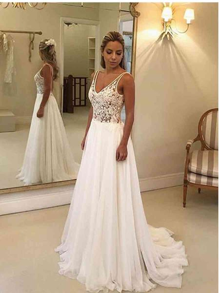

beach wedding dresses pearls a-line applique lace dresses chiffon plus size women wedding dresses for guests vestido de noiva, White