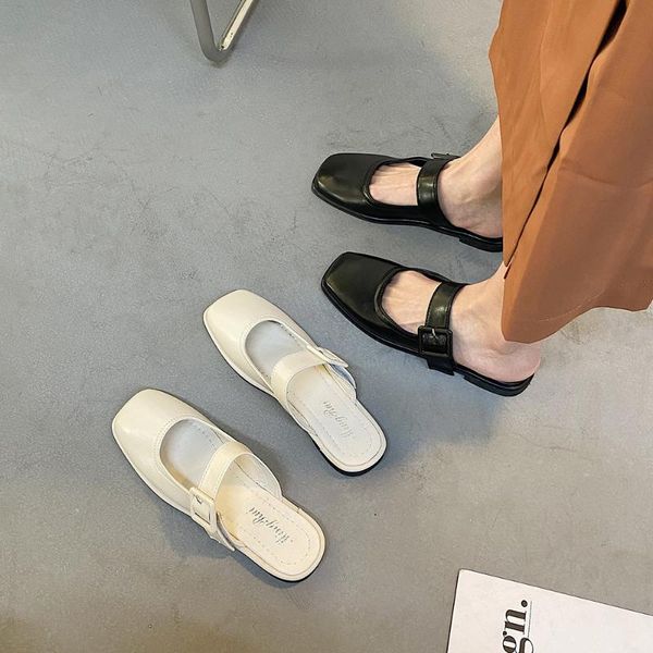 

baotou sandals and slippers women 2021 net celebrity fashion simple flat-bottomed square toe half-drag women's shoes, Black