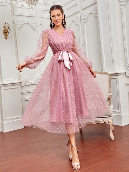 

lantern sleeve belted dobby mesh a-line dress d8sm#, Black;gray