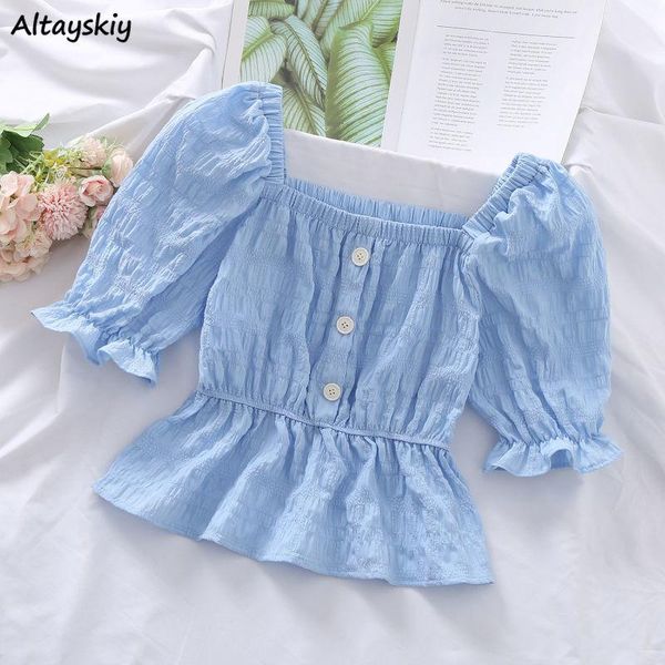 

women's blouses & shirts puff-sleeve women folds fresh all-match button square collar elegant short sleeve slim french style trendy muj, White