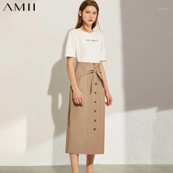 

skirts amii minimalism autumn fashion aline bow women skirt causal high wasit single-breasted calf-length female 12070195, Black