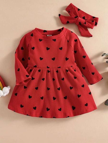

baby heart print raglan sleeve dress with headband she, Red;yellow