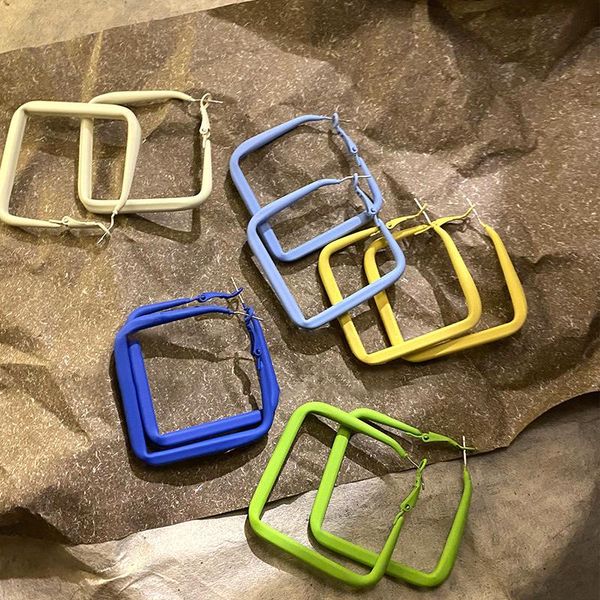 

hoop & huggie lifefontier trendy blue yellow green metal earrings for women colorful geometric square big summer korean jewelry, Golden;silver