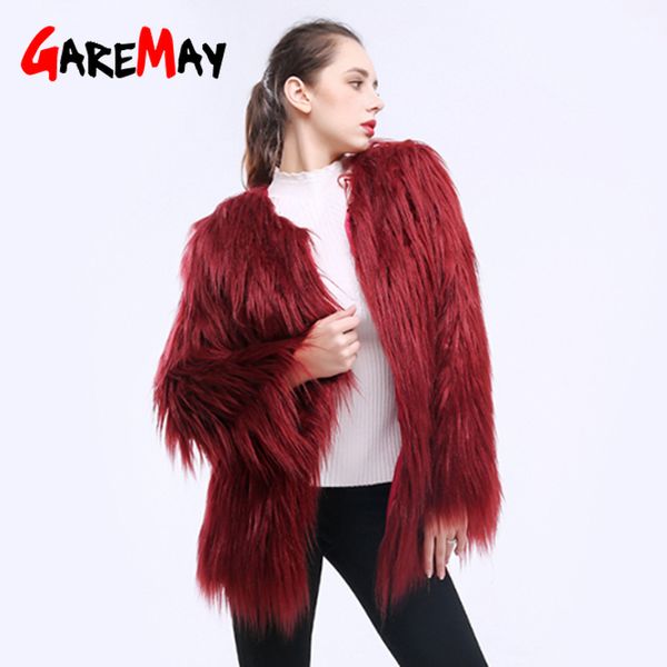 Cappotto in pelliccia sintetica Donna Fluffy Warm Manica lunga Capispalla femminile Giacca autunno inverno Cappotto peloso senza collo 210428