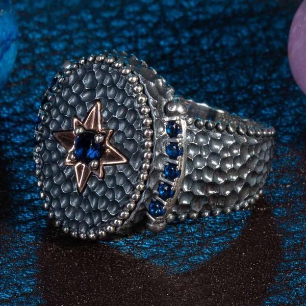 

cluster rings silver blue zircon gemstone ring north star figure men vintage jewelery solid 925 sterling for gifts, Golden;silver