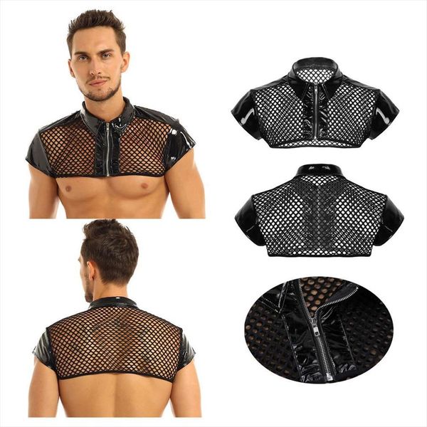 

mens mesh fishnet crop cap sleeve splice shoulder chest harness shirt muscle gay men clubwear costume half tank, White;black