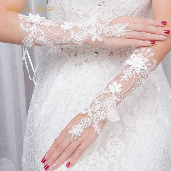 

bridal gloves wedding long fingerless crystals lace women for dance, White