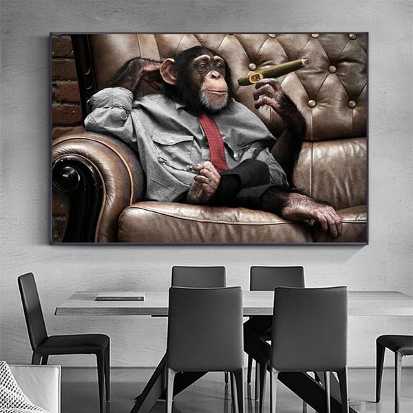 Обезьяна Горилла на диване Курение Картинки Холст Картина Стена Искусство для гостиной Домашний декор Животных Плакаты Печать