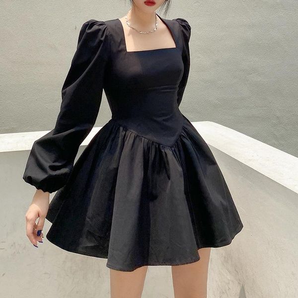 

casual dresses women slim fit a-line dress autumn female solid color long puff sleeves square collar short for party, Black;gray