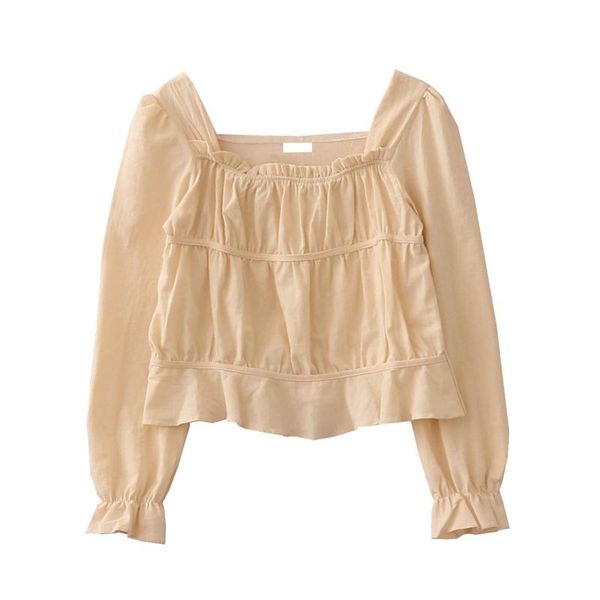 

vintage women blouse square collar solid lantern sleeved ruffle short all match female elegant pulls outwear 2021 women's blouses & sh, White